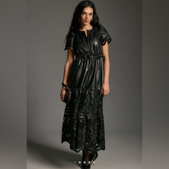 Anthropologie Somerset Faux Leather Dark Romantic Eyelet Goth Event Midi Dress - Picture 1 of 11